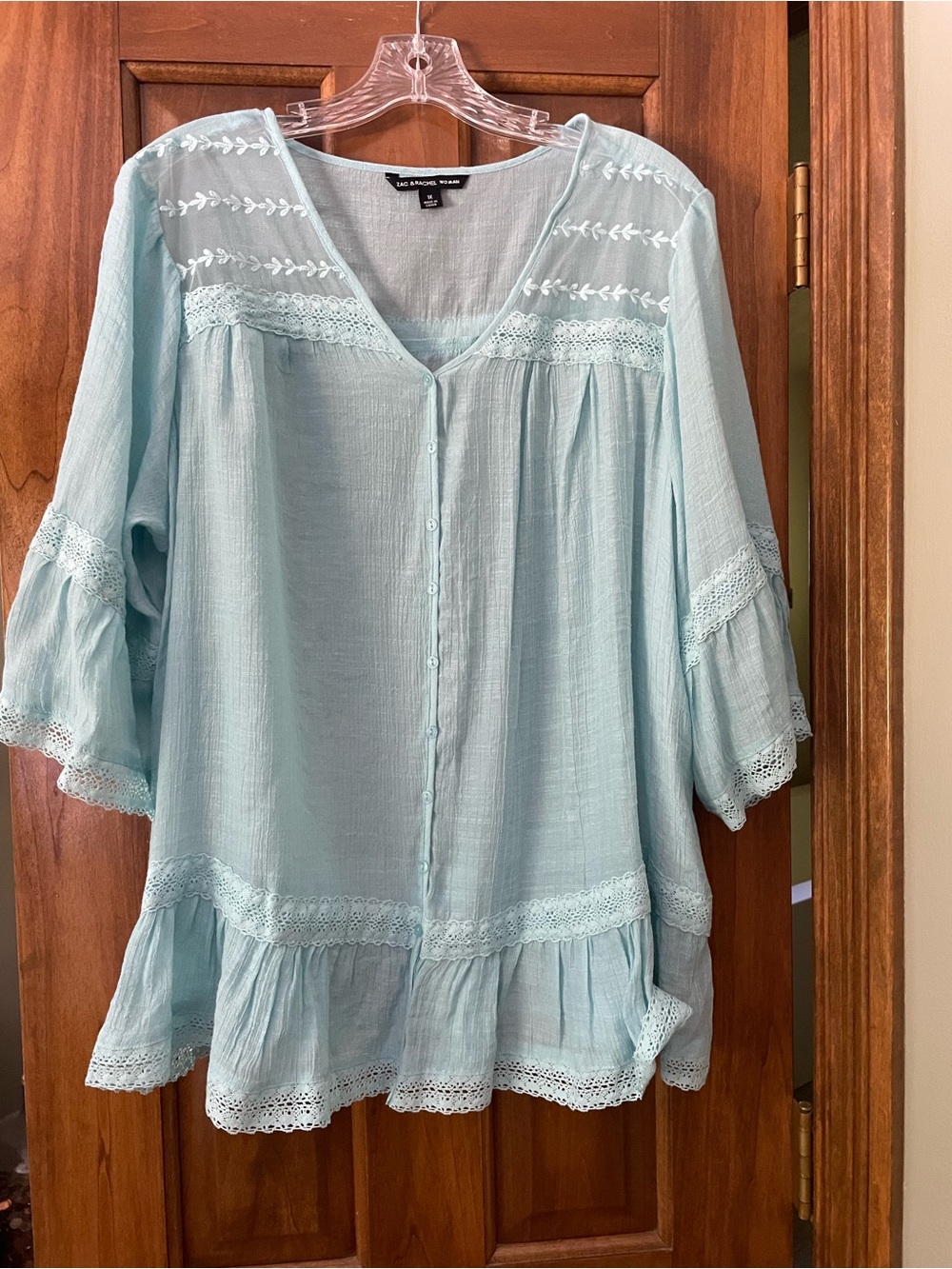 Zac & Rachel Pale Aqua Embroidered Button-Front Tunic